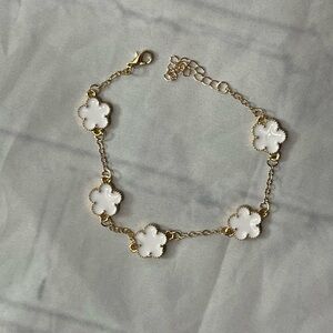 Gold White 5 Clover Charm Bracelet Gold Plated Adjustable Dainty Lucky Flower